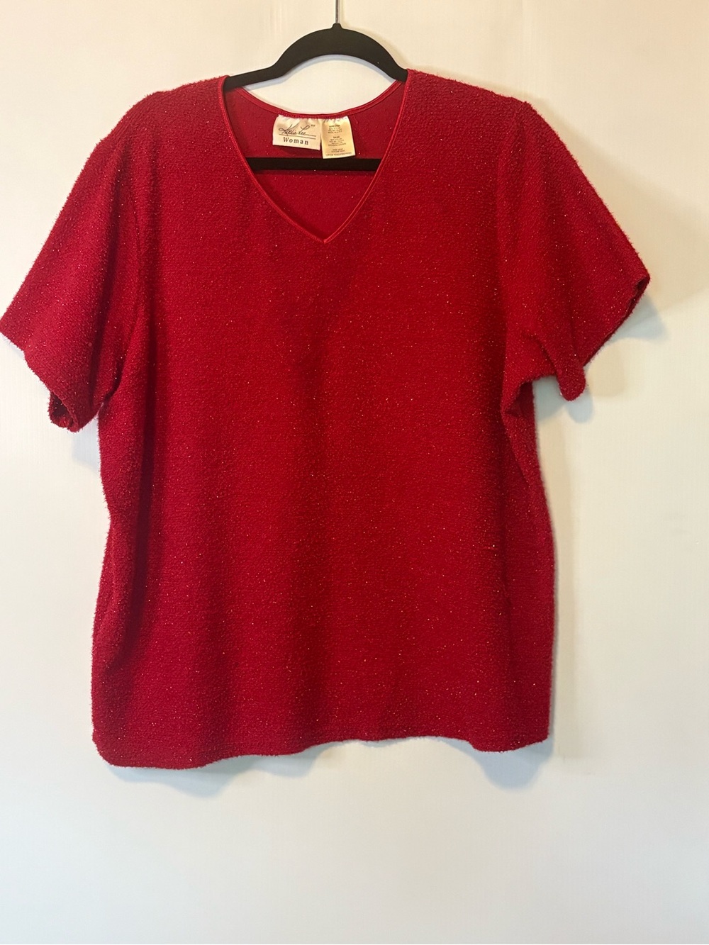 Kathie Lee Collection Red Sparkle V-Neck Short-Sleeve Top